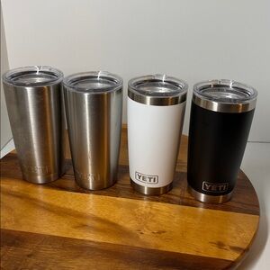 Yeti 20oz Rambler Tumbler lot of 4 Stainless Steel with 4 Lids, used